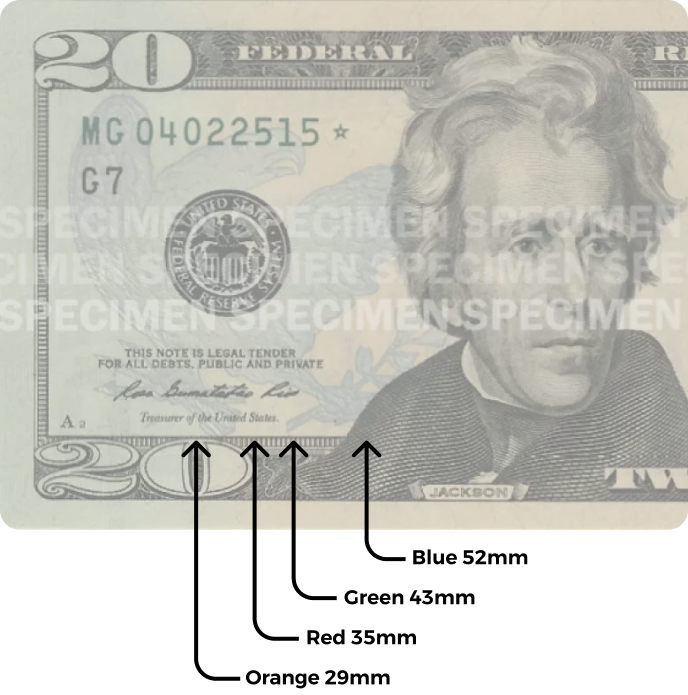 image of a $20 bill. On it there are arrows pointing to various lengths across the bill for pill sizing.