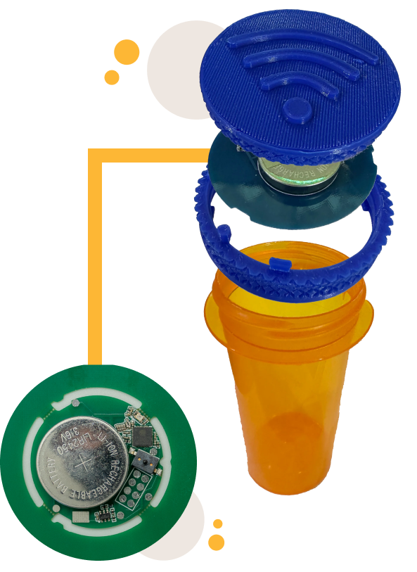 Image of a medicine bottle with a pillcap atop of it. The pill cap is expanded into multiple parts. Bottle is surrounded by graphics. Next to it is an image of a circuit board.